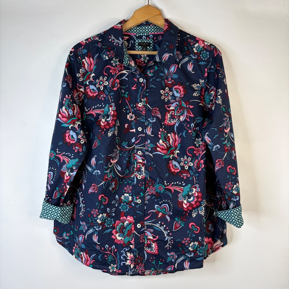 Talbots Button Up Shirt Women 1X Navy Blue Floral Paisley Cotton Contrast Cuffs